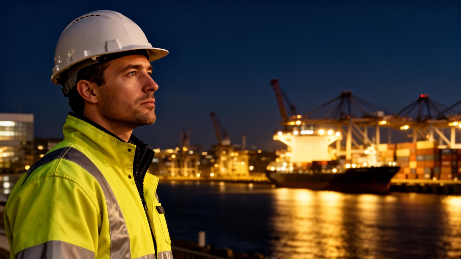 A skilled worker in safety helmet looks toward a European port-city skyline at dusk, with cargo cranes on the right